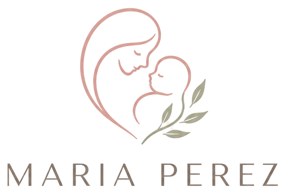 Logotipo de María Pérez: ilustración de una madre acunando a su bebé junto al nombre María Pérez